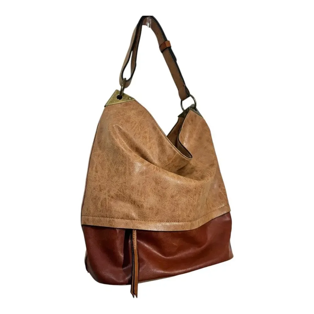 Joy Susan Darcy Zip Front Pocket Bucket Bag Faux Leather Vegan Tan Slouchy Hobo